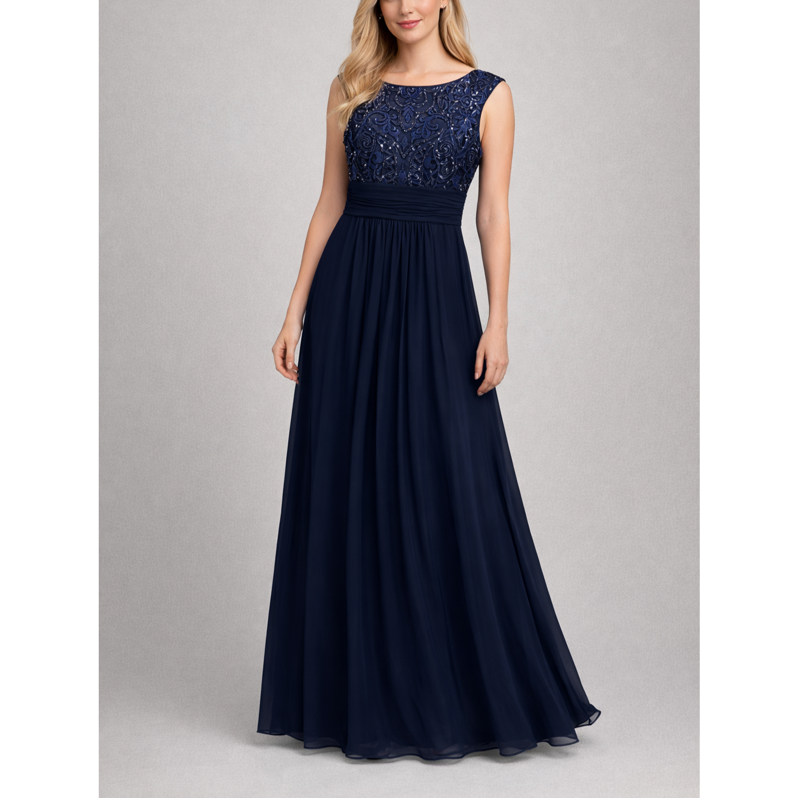 Eliza J Sequin Embroidered Chiffon Formal Gown Womens 12 Navy Maxi Dress Evening